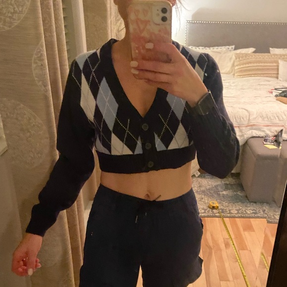H&M blue argyle cropped cardigan xs - Picture 2 of 8